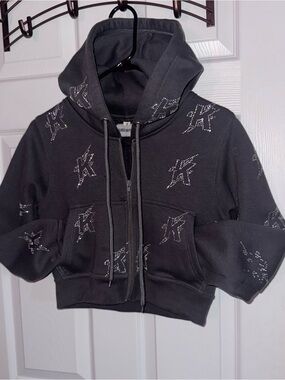 Dark Gray Rhinestone Cropped Zip-Up Hoodie Y2K Fairy Grunge